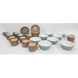 Seven Denby cups and saucers and matching jug in brown, five Denby cups and saucers and matching jug