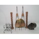 Assorted items to include coal scuttle, floor standing candle holders, magazine rack, etc (7)