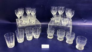 Set of six etched sherry glasses by Stuart, fern decorated with five matching wines, five various