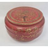 Chinese lacquered wood dowry box and cover, circular, red ground with peacock and flowering branch