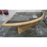 Slate-top corner coffee table on beech base, top 158cm at widest