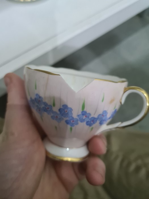 Foley china part tea service, pink ground decorated with blue flowers and a set of six Foley china - Image 12 of 15