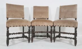 Set of five, possibly 19th century, dining chairs with upholstered backs and seats, turned block