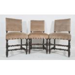 Set of five, possibly 19th century, dining chairs with upholstered backs and seats, turned block