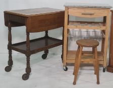 Modern kitchen trolley with granite top, on castors, a stool and a two-tier oak tea trolley (3)