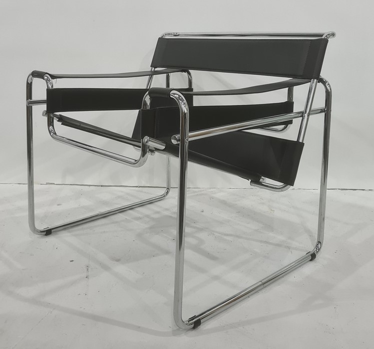 Wassily-style black leather and tubular metal open armchair Condition ReportThere is some wear to