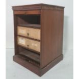 20th century mahogany table-top chest with sliding tambour front, opening to reveal shelves and