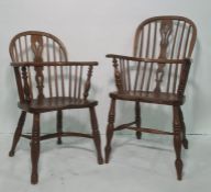 Elm seated Windsor chair with carved and pierced backsplat, turned supports and one further