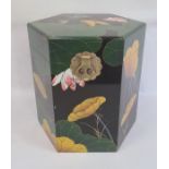 Asian lacquered hexagonal box, black ground with waterlily and kingfisher decoration and brass