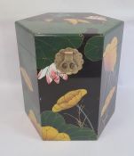 Asian lacquered hexagonal box, black ground with waterlily and kingfisher decoration and brass