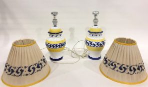 Pair of modern Herend Village ceramic table lamps in white, yellow and blue with matching shades (2)