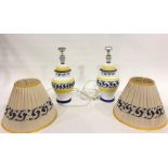 Pair of modern Herend Village ceramic table lamps in white, yellow and blue with matching shades (2)