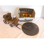 Painted wood and fabric model open carriage, 60cm long, seven metal discs for disc musical box and a