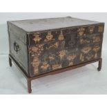 Chinese gilt decorated and lacquered leather trunk on stand, 19th century and later, 83cm x 54cm (ex