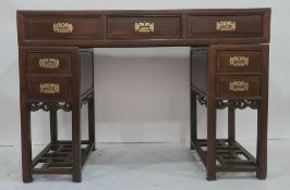 Chinese-style pedestal desk, the rectangular top above three drawers, each pedestal with two drawers