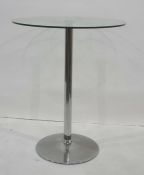 Modern circular glass-topped breakfast bar table on chrome single pedestal support, 80cm diameter