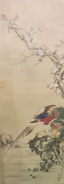 Pair of Chinese colour prints  Exotic birds and blossom, with printed marks lower right (2)