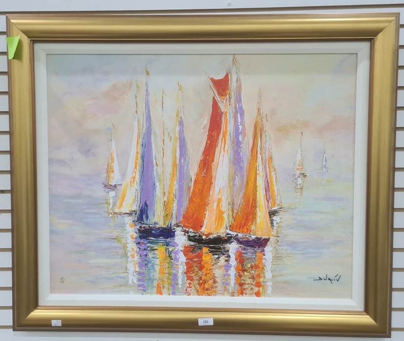 Duaiv (20th century school) Oil on canvas  Sailing boats at still water, limited edition 33/95, - Image 2 of 2