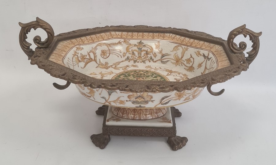 Reproduction gilt metal mounted porcelain pedestal bowl with scroll handles, shaped oval, - Image 2 of 5