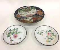 Pair Chinese enamel shallow dishes with insects, birds and chrysanthemum, on white ground, 21cm