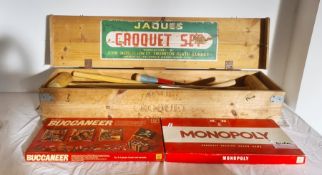 Jaques croquet set, paper label to lid and all in wooden box together with Monopoly and Buccaneer