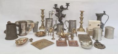 Quantity of metalware to include pair brass table candlesticks, pewter tappit hen, pewter