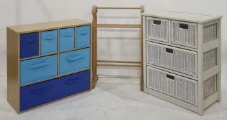 Modern wicker chest of two short over two long drawers, a beech towel airer and a further chest with