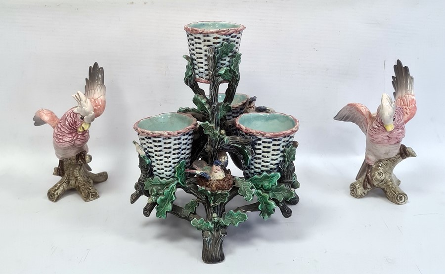 Lonitz majolica centrepiece depicting four baskets, bird's nests among branches, marked to base