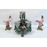 Lonitz majolica centrepiece depicting four baskets, bird's nests among branches, marked to base