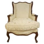 20th century chair in cream ground upholstery, mahogany carved frameCondition Reportsmall crack to
