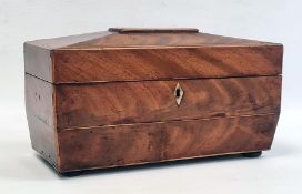 19th century mahogany sarcophagus shaped tea caddy, the top opening to reveal fitted interior and