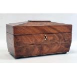 19th century mahogany sarcophagus shaped tea caddy, the top opening to reveal fitted interior and