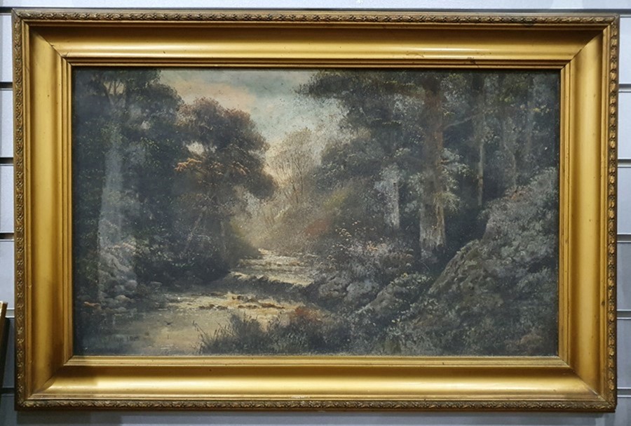 Possibly 19th century Oil on panel River through woodland, indistinctly signed lower left - Image 2 of 7