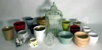 Assorted glassware, trinket dishes, pot stands and modern green birdcage