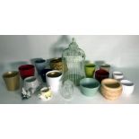 Assorted glassware, trinket dishes, pot stands and modern green birdcage