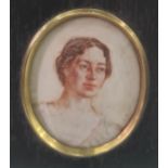 Early 20th century Watercolour miniature on ivory Head and shoulders portrait of a young lady in