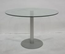 Circular glass-topped breakfast table on single pedestal base, 109.5cm diameter