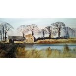 G John Blockley (1921-2002) Watercolour drawing Cotswold building with stone barn beside river,