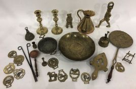 Collection of brassware including candlesticks, horse brasses, bowls, etc. (1 box)Condition