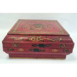 Chinese lacquer dowry box and cover, square, with exotic bird on peony branches to the cover, 42cm