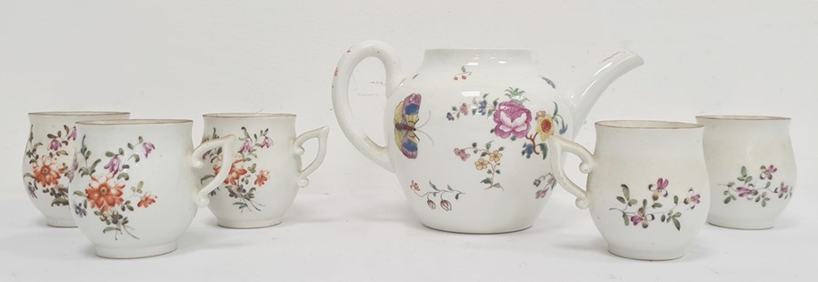 18th century English porcelain teapot, floral spray and butterfly decorated (lid missing) and a