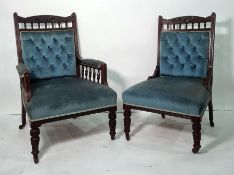Late 19th/early 20th century armchair and further chair, carved top rail, fluted decoration,