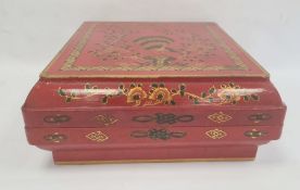 Chinese lacquer dowry box and cover, square, with exotic bird on peony branches to the cover, 42cm