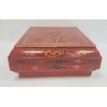 Chinese lacquer dowry box and cover, square, with exotic bird on peony branches to the cover, 42cm