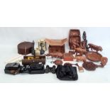 Quantity of African carved hardwood model animals, old leather collar box, circular, pair of Eastern