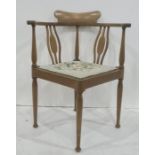 19th century mahogany and satinwood banded corner chair with needlework upholstered seat, on