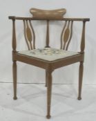 19th century mahogany and satinwood banded corner chair with needlework upholstered seat, on