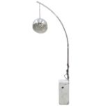 Modern downlighter lamp, the brushed metal domed shade on long arched column, to white marble base