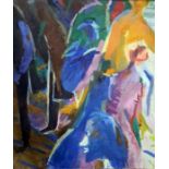 20th century school  Oil on canvas  Abstract scene of figures, initialled 'IK' lower left, with