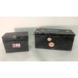 Black rectangular tin two-handled box with Unipart Racing Team label, another larger black metal box